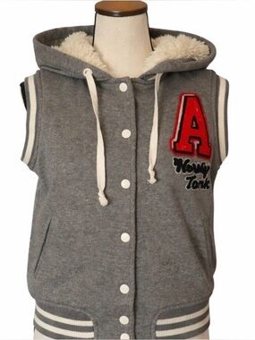 Aeropostale Varsity Vest Sherpa Hoodie Y2K Letterman Patch Gray Snap Front Large